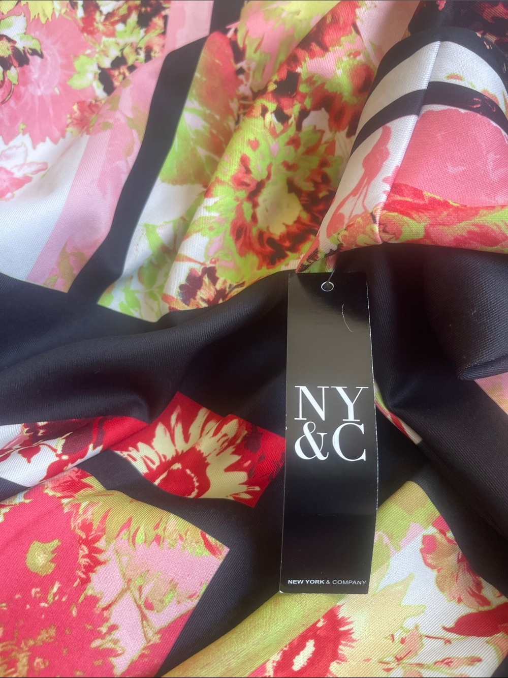 New York & Company Pink Floral Stretch Dress with Black Trim